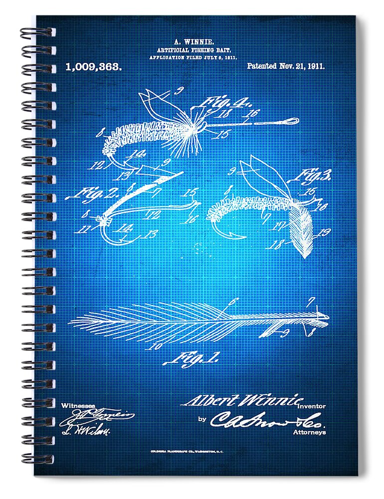 Artificial Fishing Bait Spiral Notebook featuring the mixed media Fly Fishing Bait Patent Blueprint Drawing by Tony Rubino
