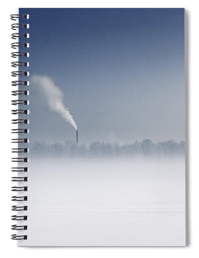 Environmental Damage Spiral Notebook featuring the photograph Fog Over Frozen River With Fuming Pipe by Dmitry Savin