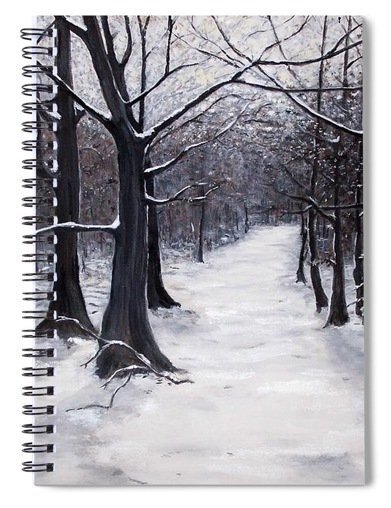 Winter Spiral Notebook featuring the painting Forest Path in Winter by Judy Kirouac