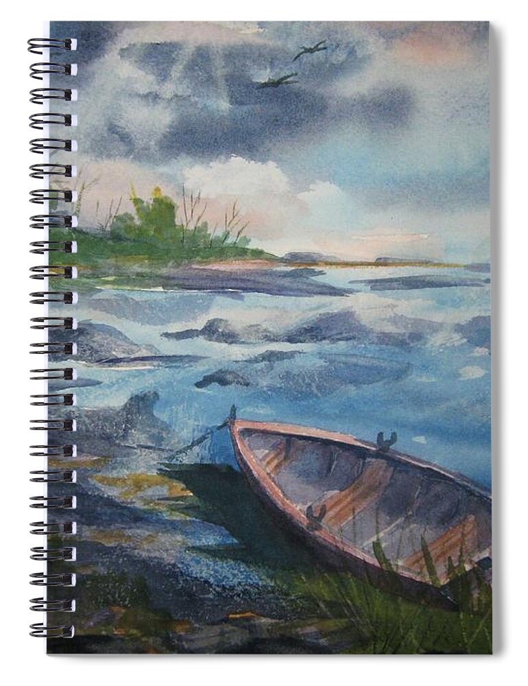 Rowboat Spiral Notebook featuring the painting Forgotten Rowboat by Ellen Levinson