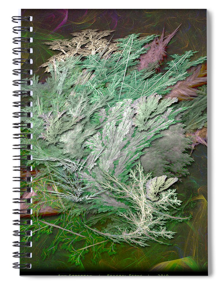 Green Spiral Notebook featuring the digital art Fractal Ferns by Ann Stretton