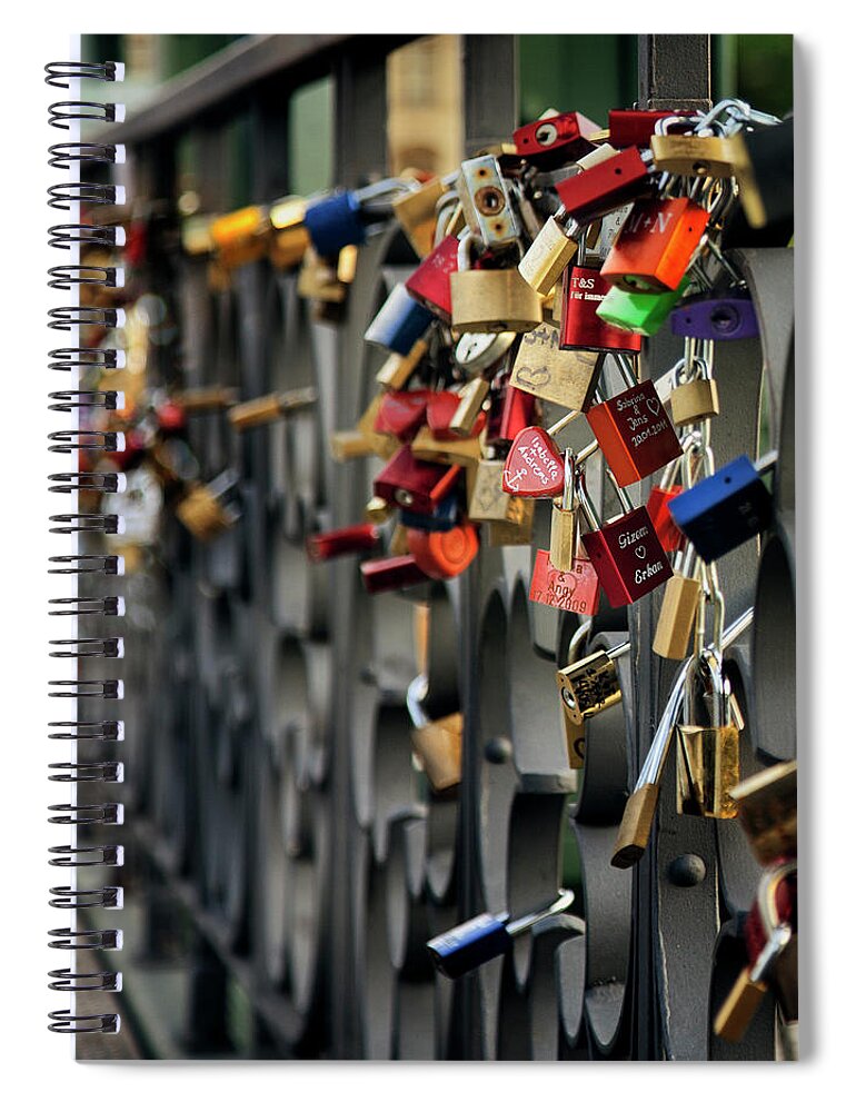Large Group Of Objects Spiral Notebook featuring the photograph Frankfurt Love Bridge by Istvan Kadar Photography