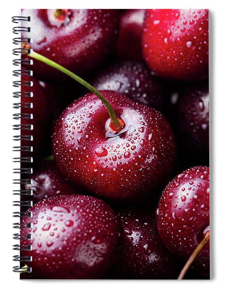 Cherry Spiral Notebook featuring the photograph Fresh Ripe Black Cherries Background by Anna Pustynnikova