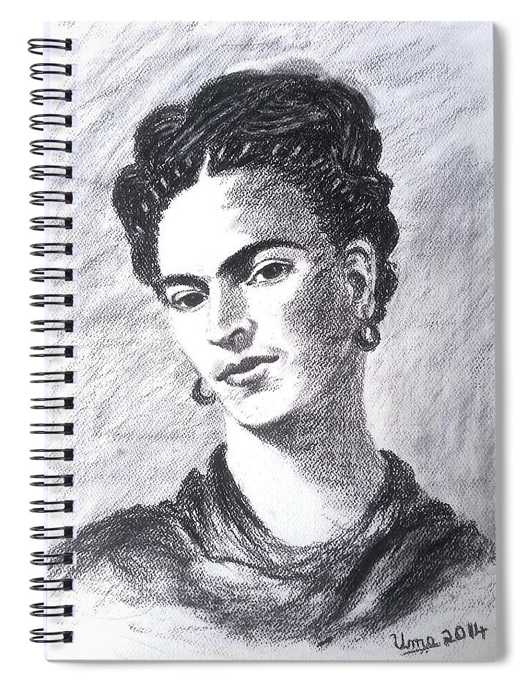 Frida Kahlo Spiral Notebook featuring the drawing Frida Kahlo by Uma Krishnamoorthy