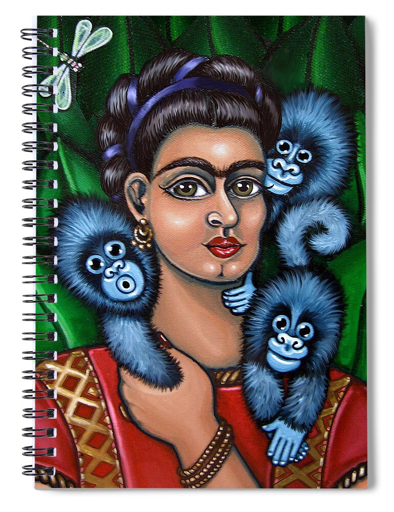 Folk Art Spiral Notebook featuring the painting Fridas Triplets by Victoria De Almeida
