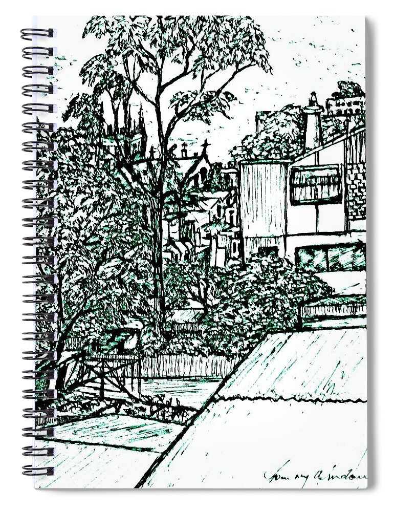 Window Spiral Notebook featuring the drawing From My Window In Blue by Leanne Seymour