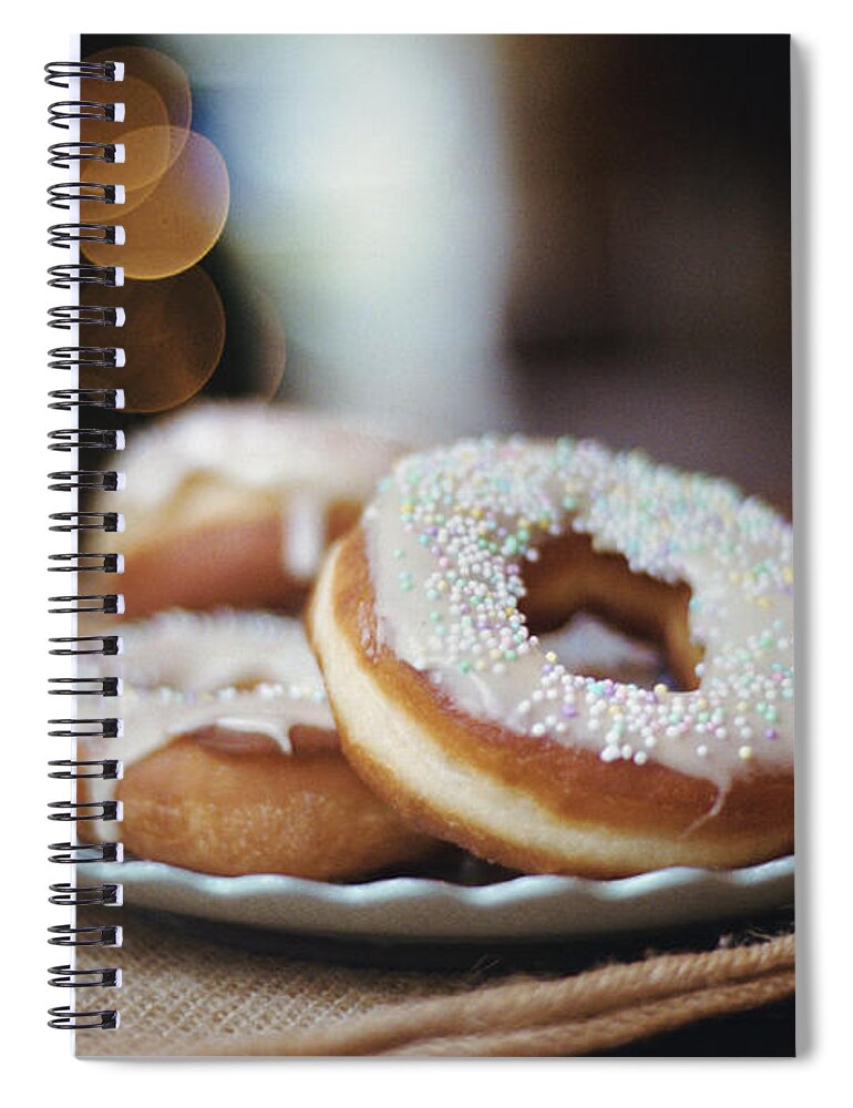 Celebration Spiral Notebook featuring the photograph Frosted Donuts And Christmas Tree by Danielle D. Hughson
