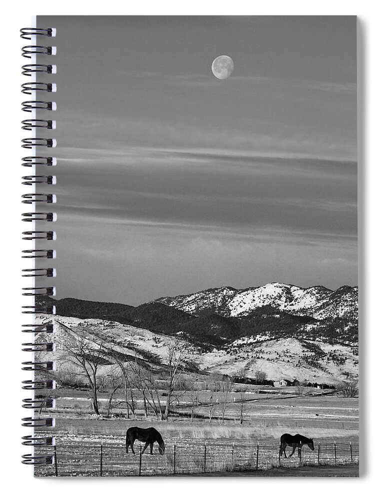 Horse Spiral Notebook featuring the photograph Full Moon on the CO Front Range BW by James BO Insogna