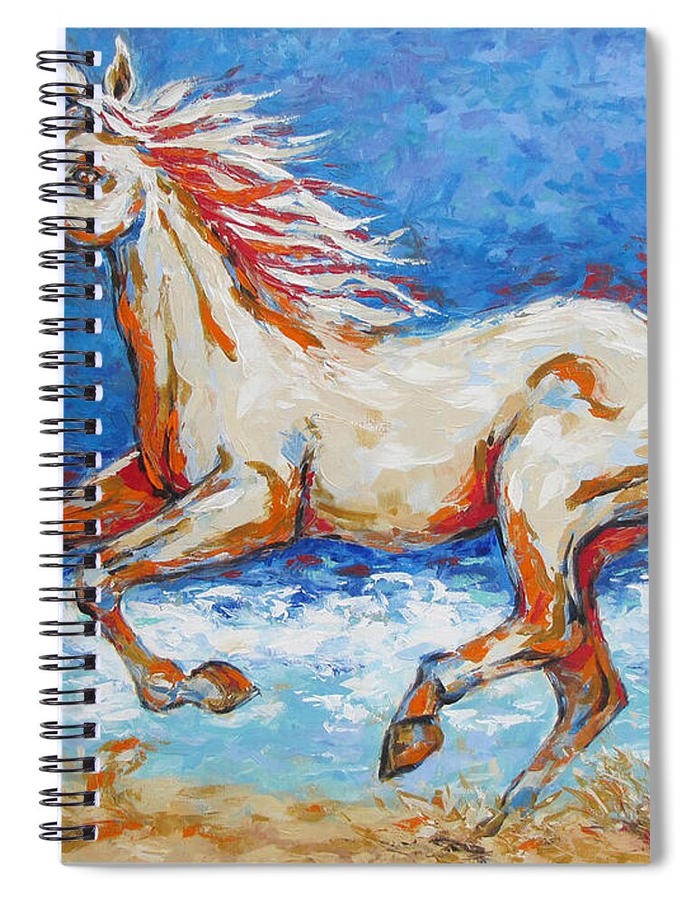  Beach Spiral Notebook featuring the painting Galloping Horse on Beach by Jyotika Shroff