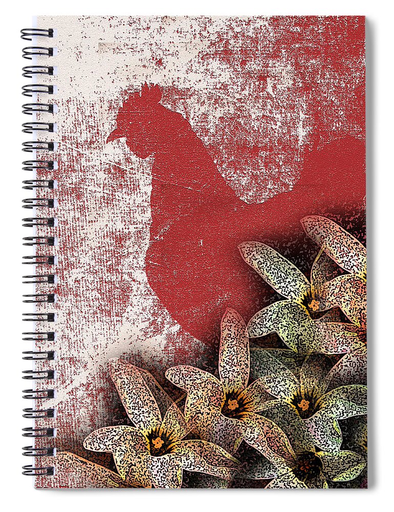 Rooster Spiral Notebook featuring the mixed media Garden Rooster by Lesa Fine