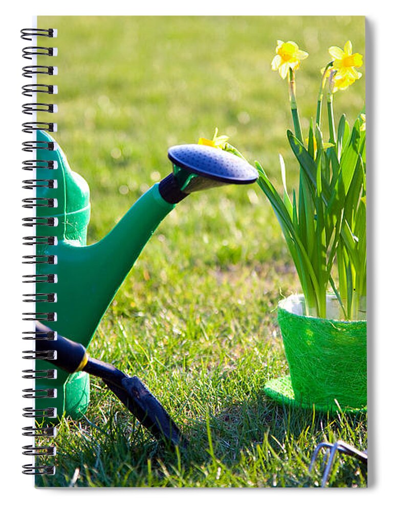 Garden Spiral Notebook featuring the photograph Gardening tools and flowers by Michal Bednarek