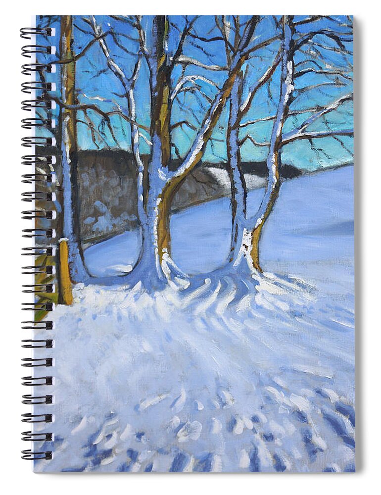 Gate Spiral Notebook featuring the painting Gate and Trees Winter Dam Lane Derbyshire by Andrew Macara