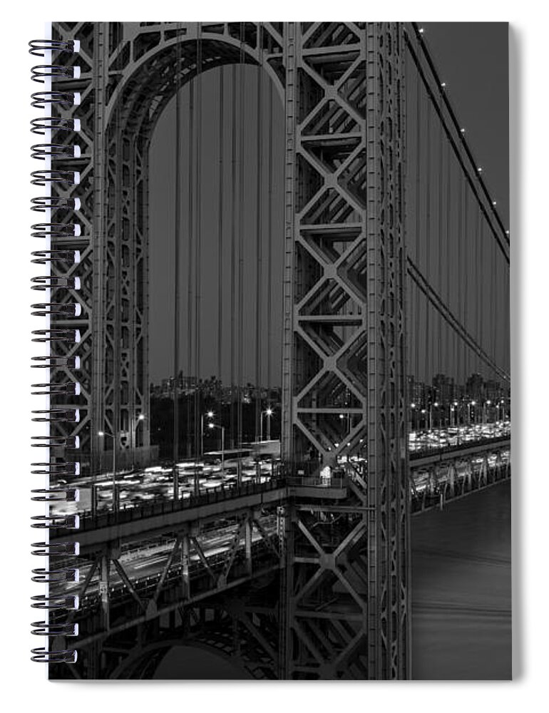 George Washington Bridge Spiral Notebook featuring the photograph George Washington Bridge Moon Rise BW by Susan Candelario