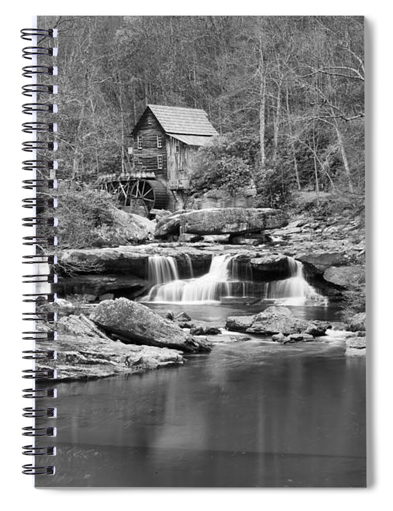 Glade Creek Black And White Spiral Notebook featuring the photograph Glade Creek Grist Mill In Black And White by Adam Jewell