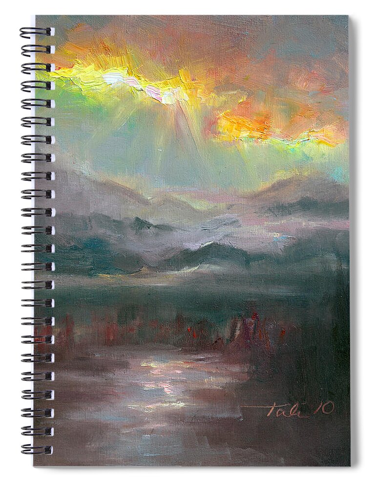 Scenic Spiral Notebook featuring the painting Gold Lining - Chugach Mountain range en plein air by Talya Johnson