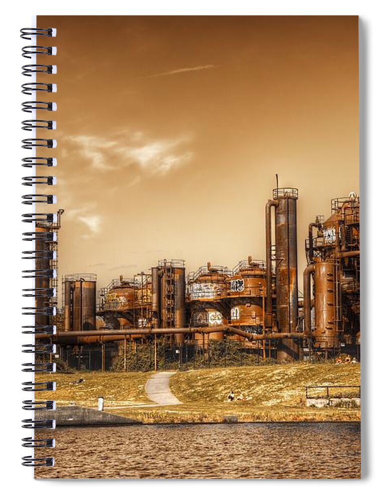 Seattle Spiral Notebook featuring the photograph Golden Gas Works by Spencer McDonald