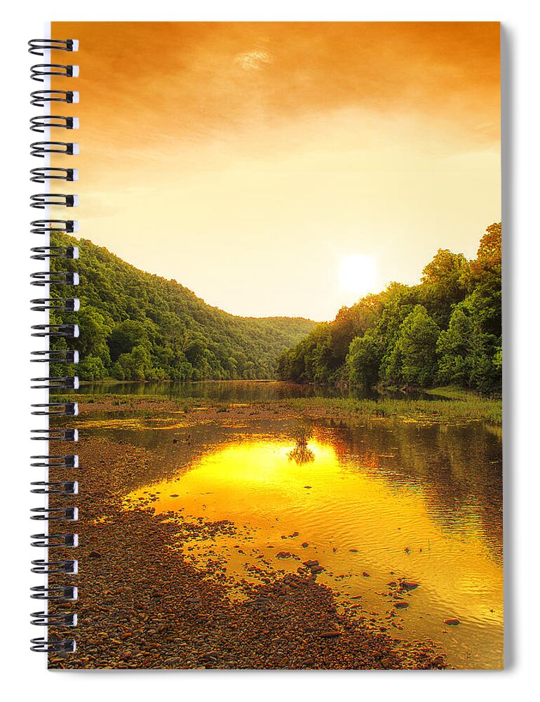Sunset Spiral Notebook featuring the photograph Golden Sunset on Buffalo River by Bill and Linda Tiepelman