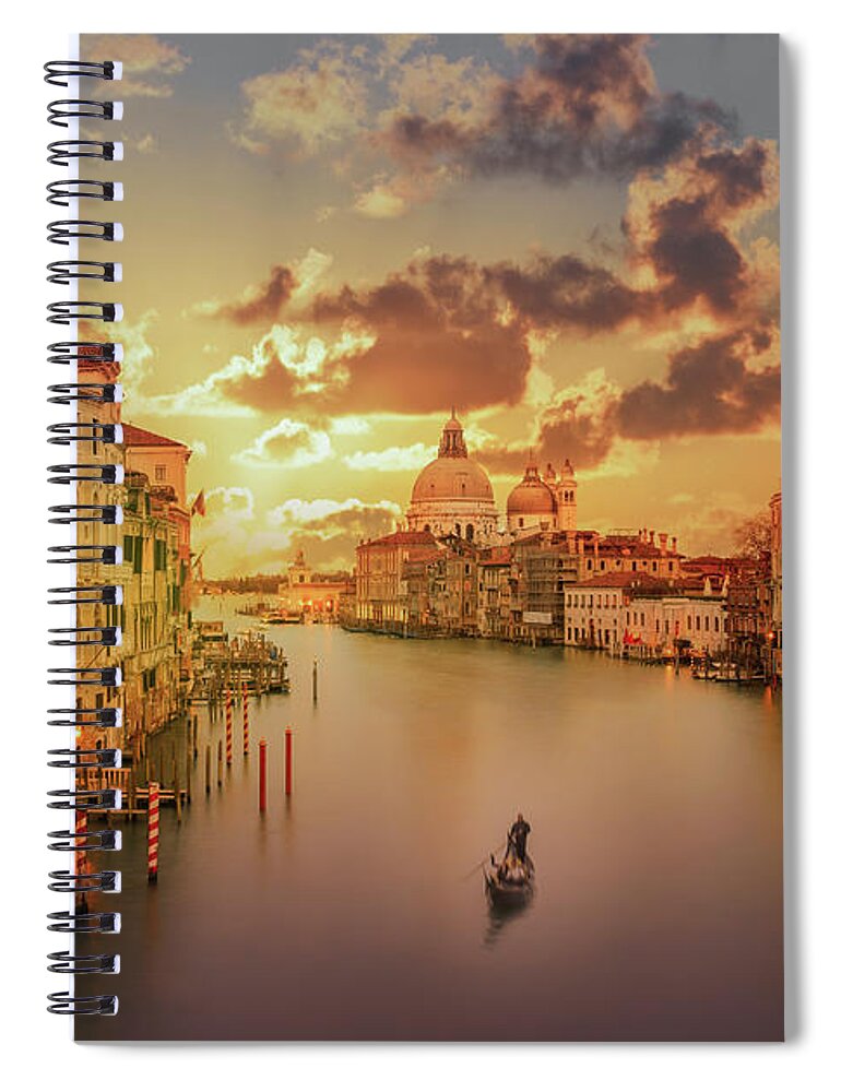 Tranquility Spiral Notebook featuring the photograph Gondola In The Grand Canal At Sunset by Buena Vista Images