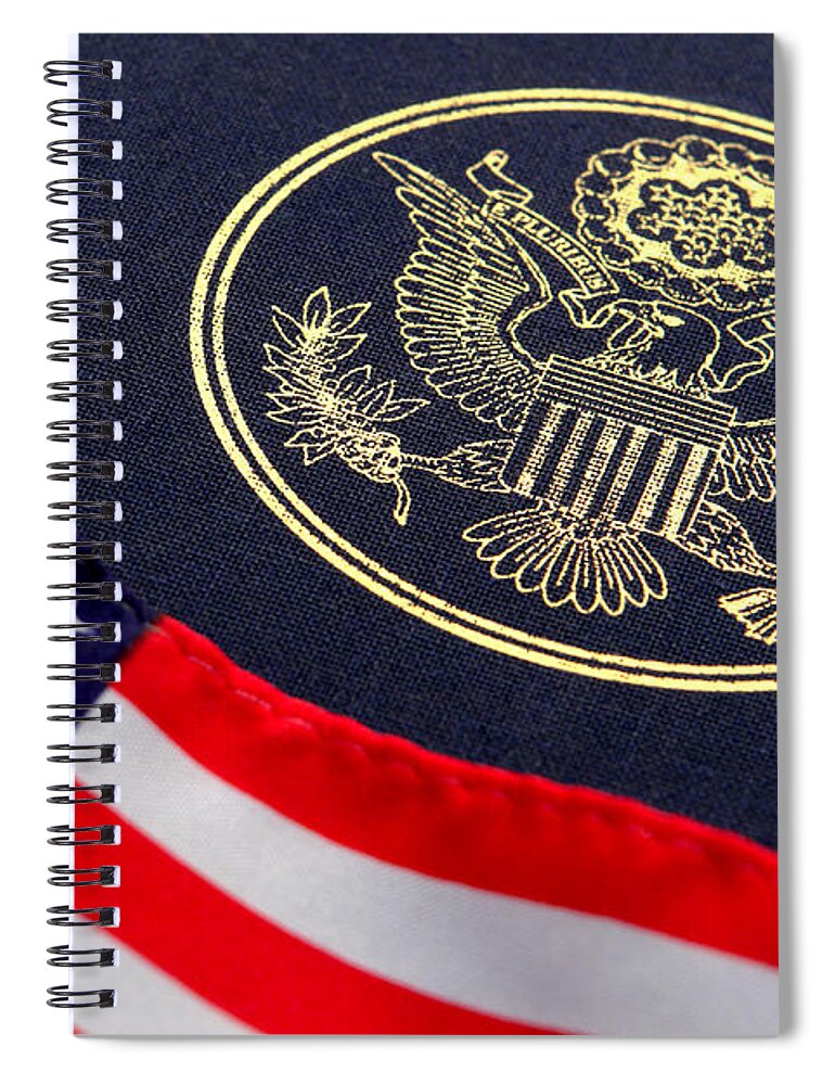 Flag Spiral Notebook featuring the photograph Great Seal of the United States and American Flag by Olivier Le Queinec