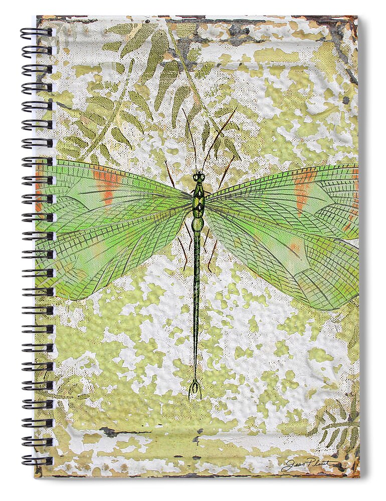 Acrylic Painting Spiral Notebook featuring the painting Green Dragonfly on Vintage Tin by Jean Plout