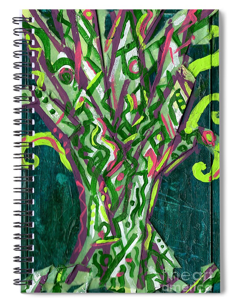 Tree Spiral Notebook featuring the painting Green Tree With Pink by Genevieve Esson