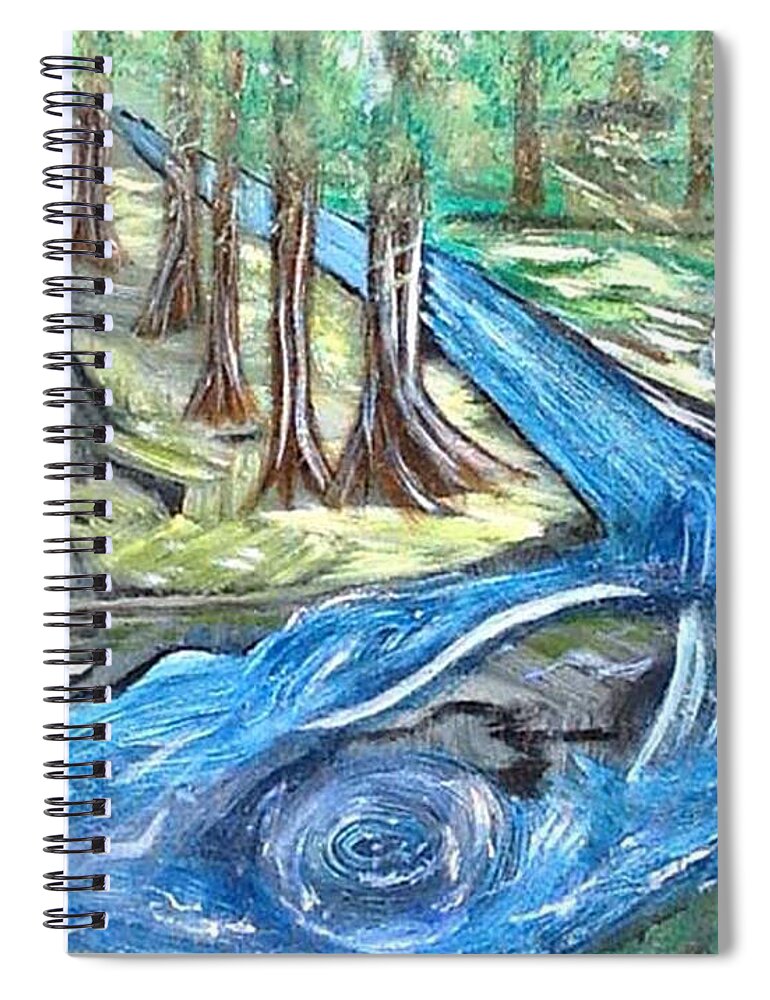 River Spiral Notebook featuring the painting Green Trees with Rocks and River by Suzanne Surber