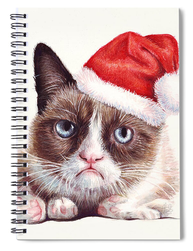 Grumpy Spiral Notebook featuring the painting Grumpy Cat as Santa by Olga Shvartsur