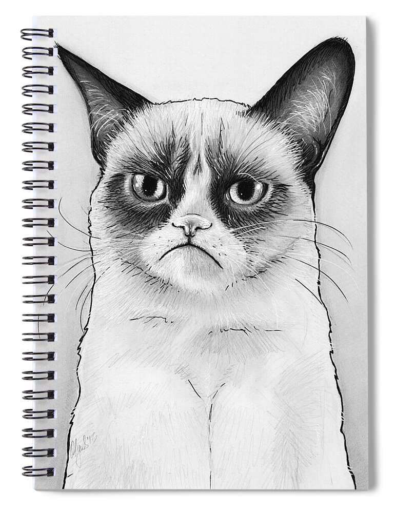 Grumpy Cat Spiral Notebook featuring the drawing Grumpy Cat Portrait by Olga Shvartsur