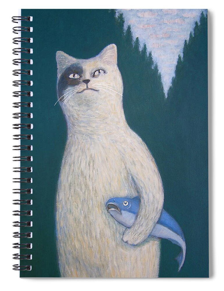 Cat Spiral Notebook featuring the painting Gunter and His Pet Fish Klaus by Kazumi Whitemoon
