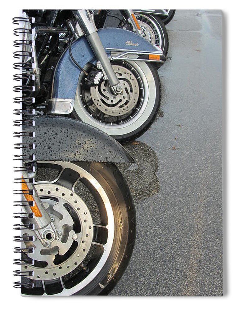 Motorcycles Spiral Notebook featuring the photograph Harley Line Up Rain by Anita Burgermeister