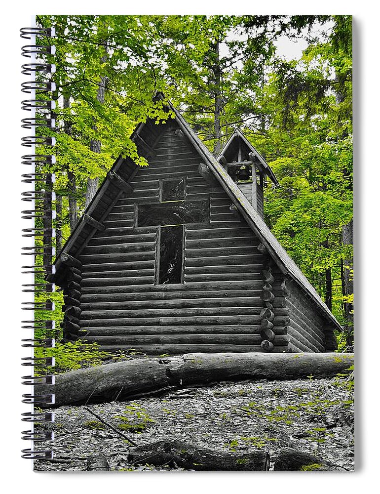  Spiral Notebook featuring the photograph Hartwick Pines Chapel BWG by Daniel Thompson