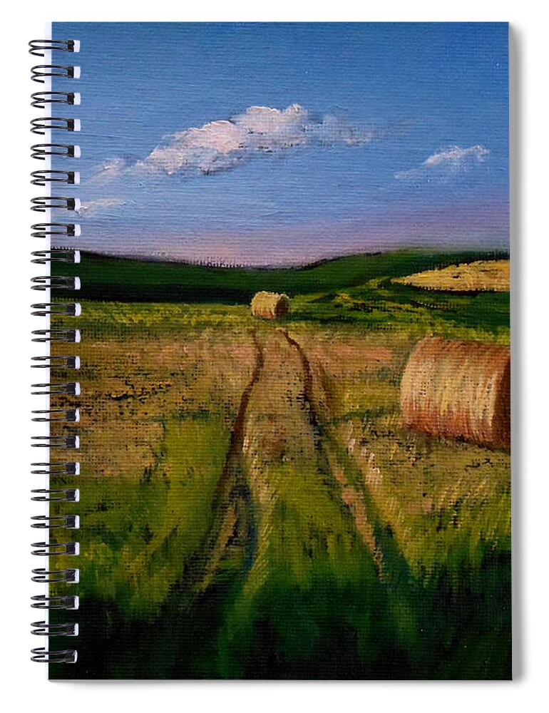 Farm Spiral Notebook featuring the painting Hay Rolls on the Field by Christopher Shellhammer