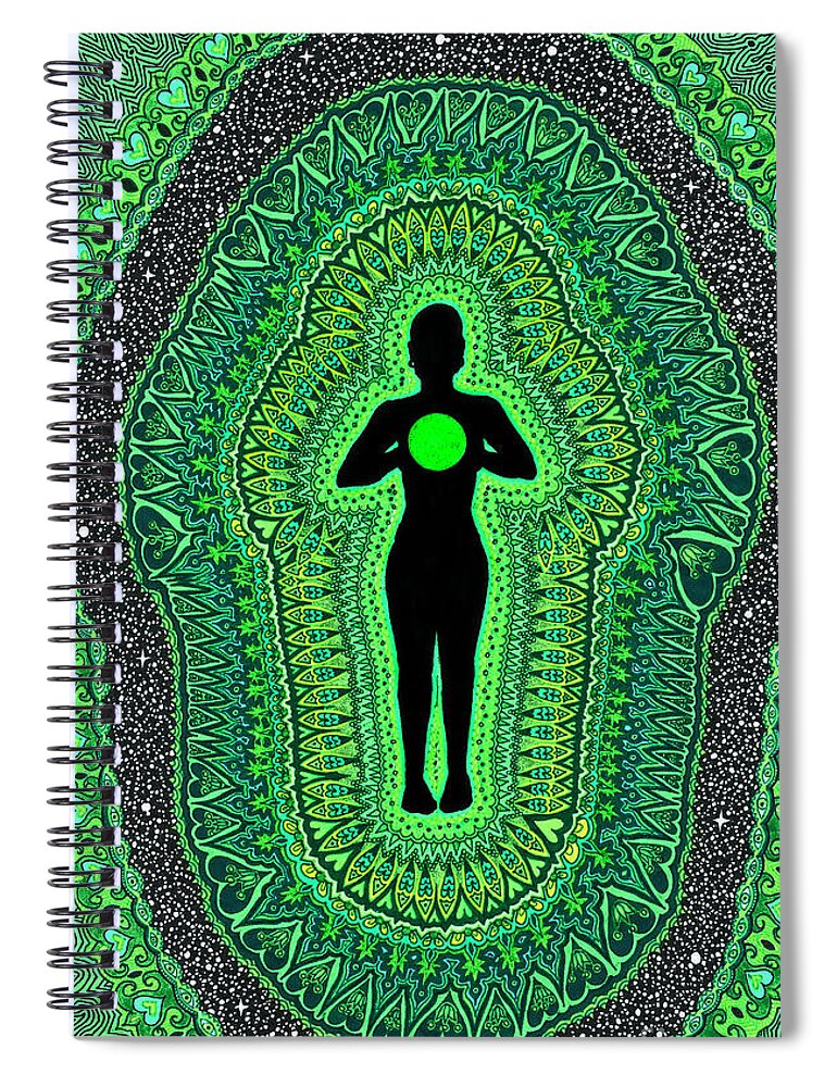 Heart Spiral Notebook featuring the drawing Heart Chakra Anahata by Baruska A Michalcikova