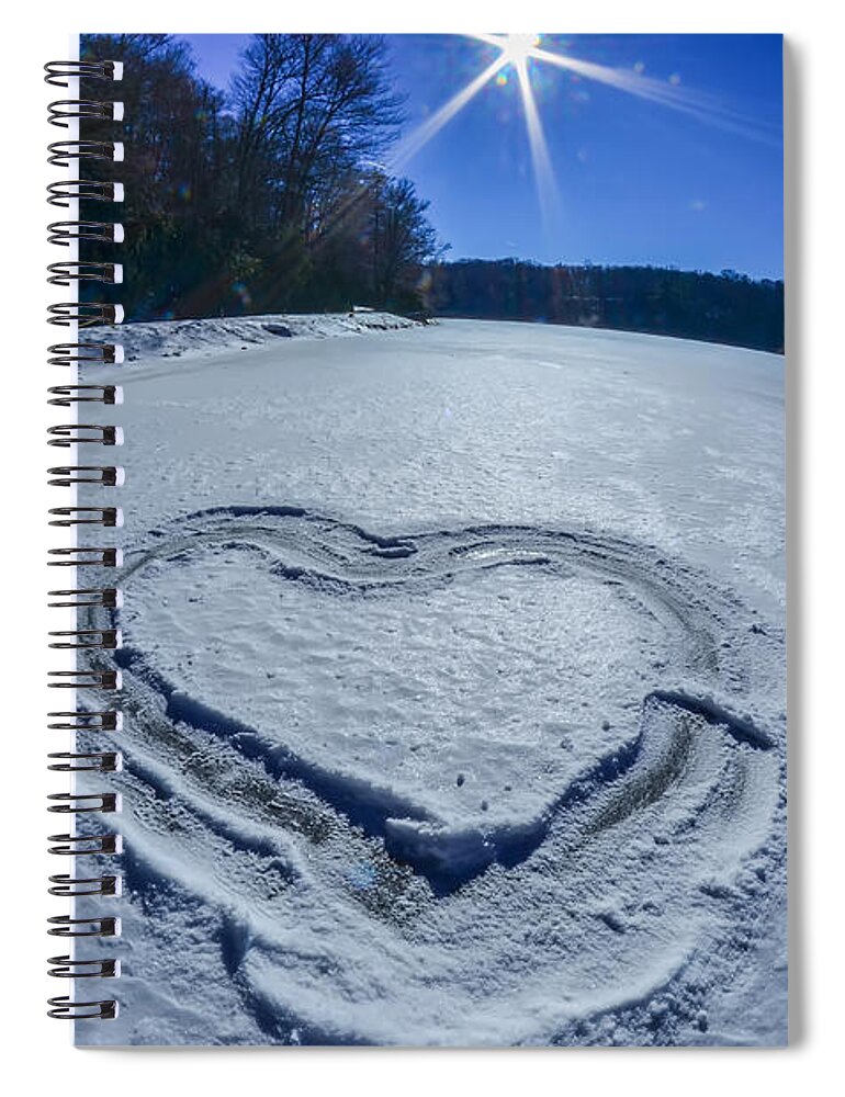 Ice Spiral Notebook featuring the photograph Heart Outlined On Snow On Topw Of Frozen Lake by Alex Grichenko