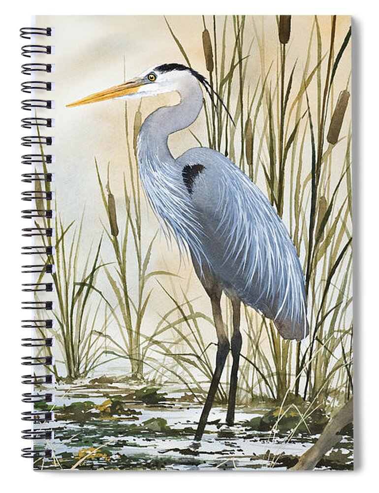 Heron Limited Edition Prints Spiral Notebook featuring the painting Heron and Cattails by James Williamson