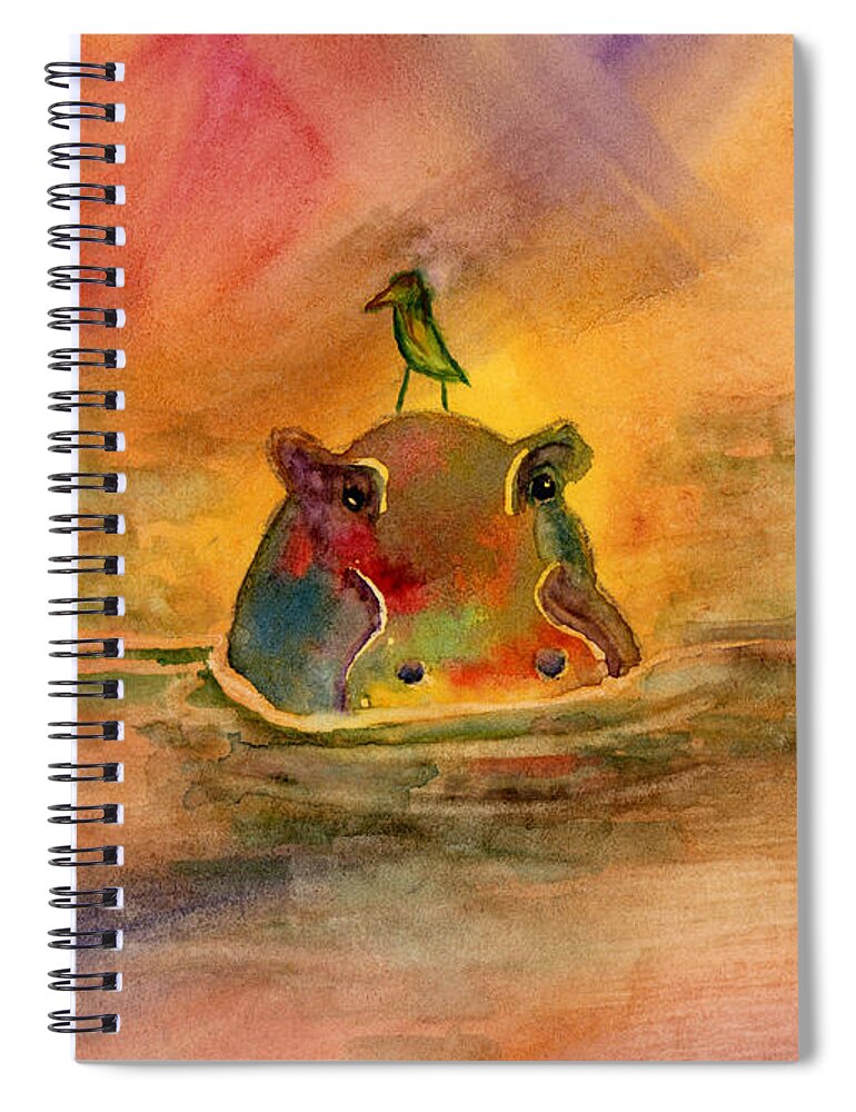 Hippopotamus Spiral Notebook featuring the painting Hippo Birdie by Amy Kirkpatrick