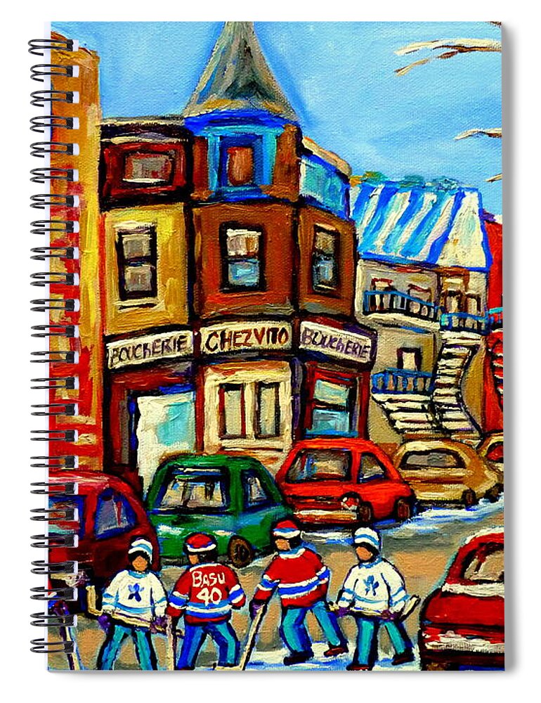 Boucherie Chez Vito Fairmount Street Scene Spiral Notebook featuring the painting Hockey Art Montreal Winter Street Scene Painting Chez Vito Boucherie And Fairmount Bagel by Carole Spandau
