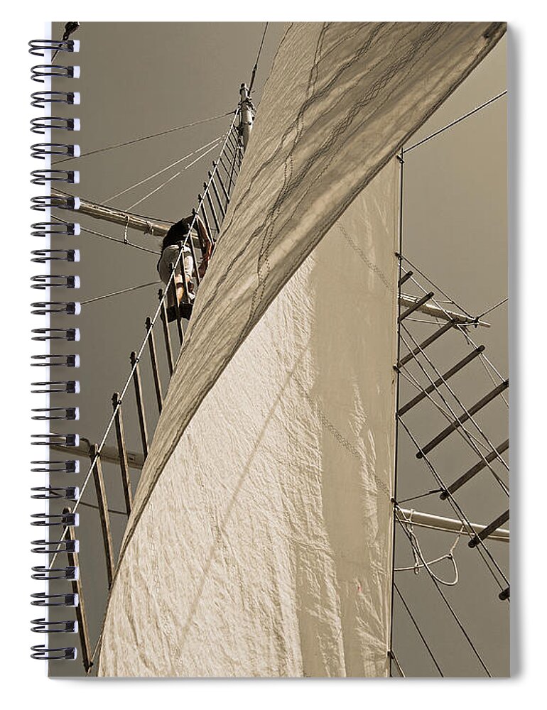 Schooner Spiral Notebook featuring the photograph Hoisting The Mainsail In Sepia by Jani Freimann