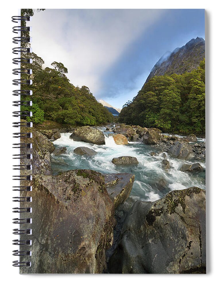 00463431 Spiral Notebook featuring the photograph Hollyford River Fjordland NP by Yva Momatiuk John Eastcott