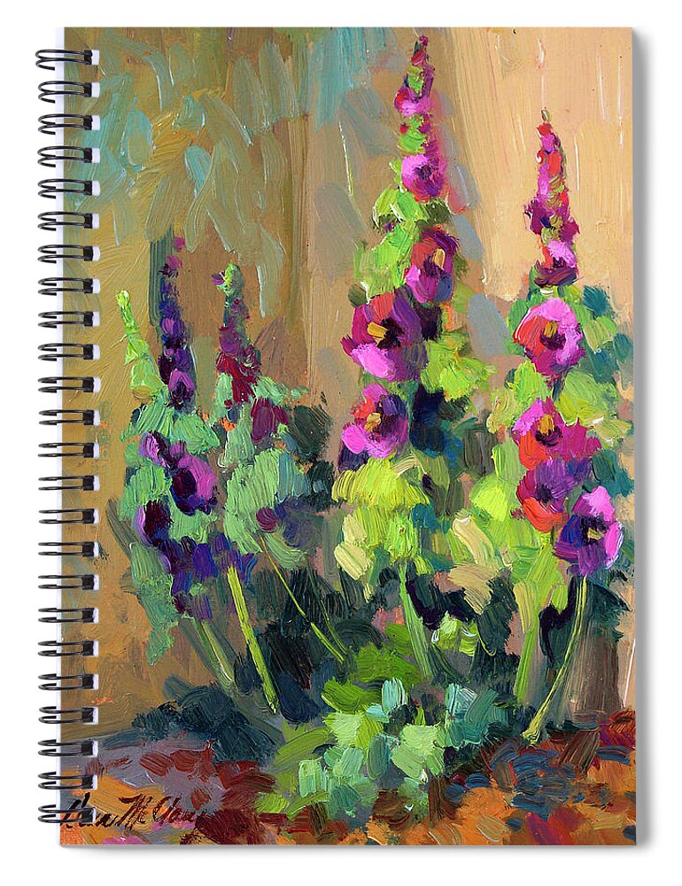 Hollyhocks Spiral Notebook featuring the painting Hollyhocks at Giverny by Diane McClary