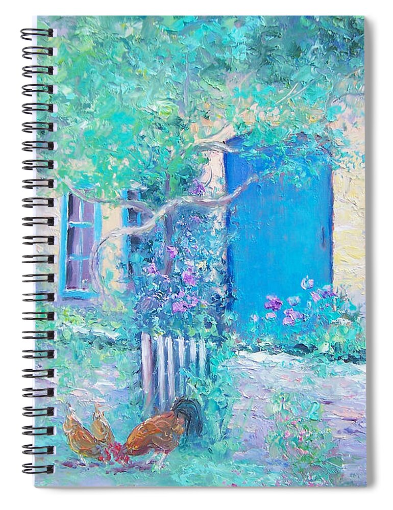 Cottage Garden Spiral Notebook featuring the painting Hollyhocks garden by Jan Matson
