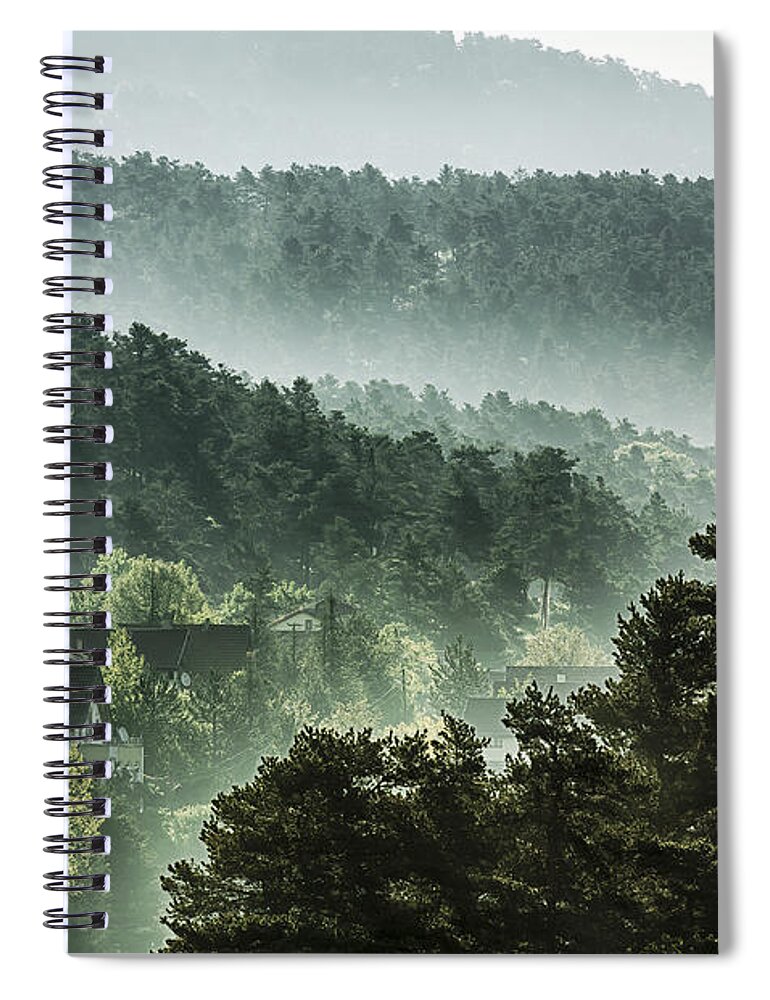 Scenics Spiral Notebook featuring the photograph Houses And Sunbeams In Spruce Woodland by 1001slide