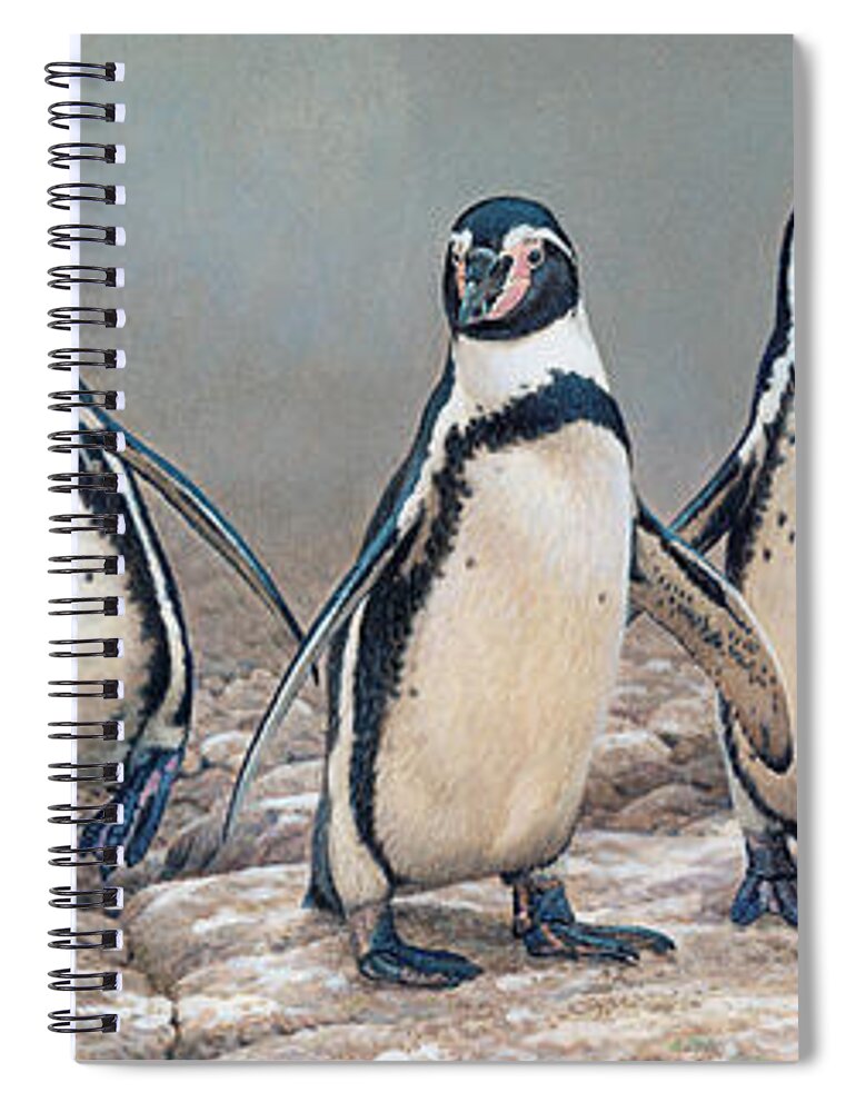 Animal Spiral Notebook featuring the photograph Humboldt Penguins Standing In A Row by Ikon Ikon Images
