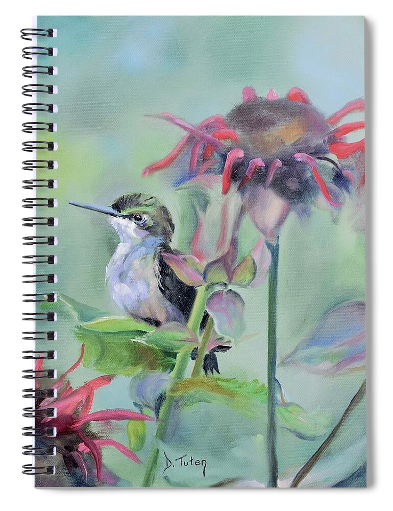 Hummingbird Spiral Notebook featuring the painting Hummingbird and Coneflowers by Donna Tuten