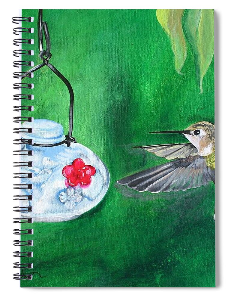 Hummingbird Spiral Notebook featuring the painting Hummingbird and The Feeder by Shelley Overton