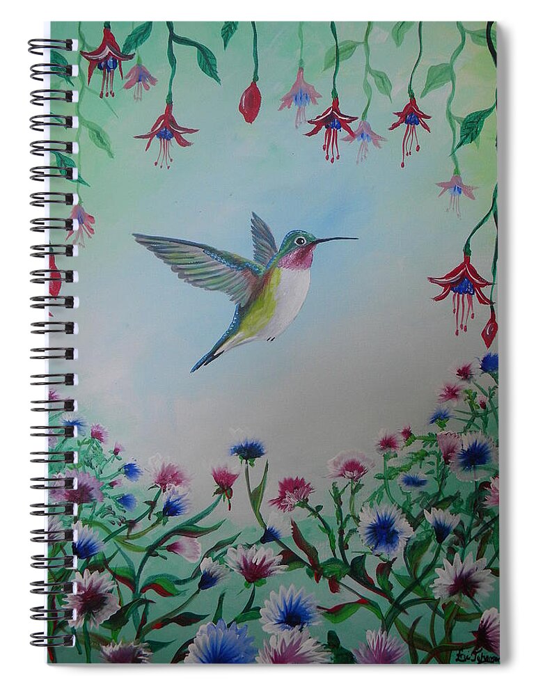 Hummingbird Spiral Notebook featuring the painting Hummingbird in Flower Garden by Eric Johansen