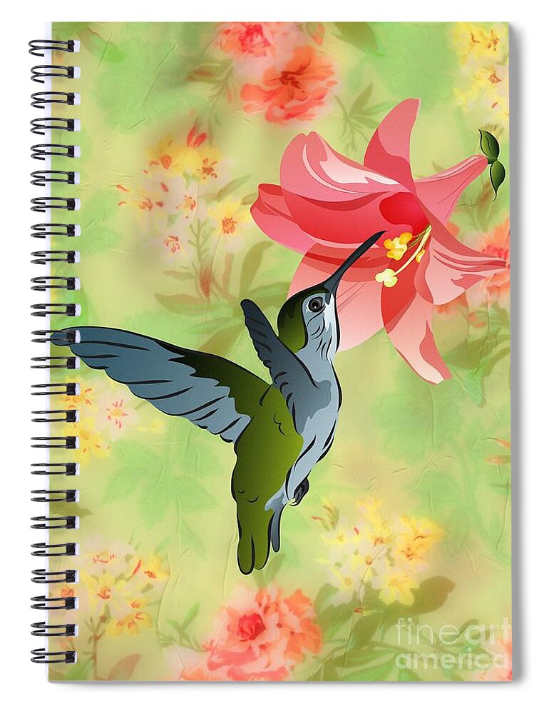 Graphic Bird Spiral Notebook featuring the digital art Hummingbird with Pink Lily Against Floral Fabric by MM Anderson