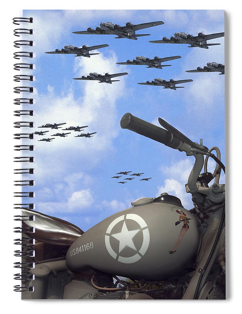 Ww2 Spiral Notebook featuring the photograph Indian 841 And The B-17 Bomber SQ by Mike McGlothlen