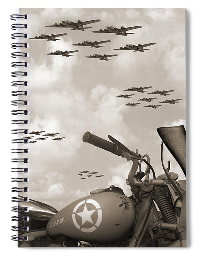 Ww2 Spiral Notebook featuring the photograph Indian 841 And The B-17 Panoramic Sepia by Mike McGlothlen