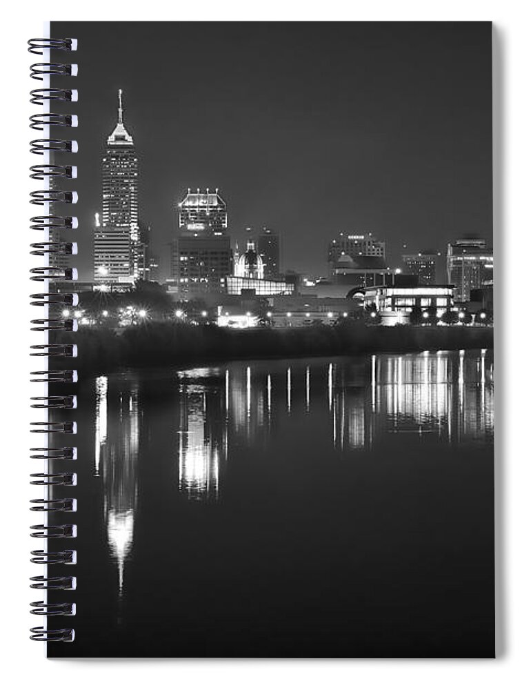 Indianapolis Spiral Notebook featuring the photograph Indianapolis Skyline at Night Indy Downtown Black and White BW Panorama by Jon Holiday